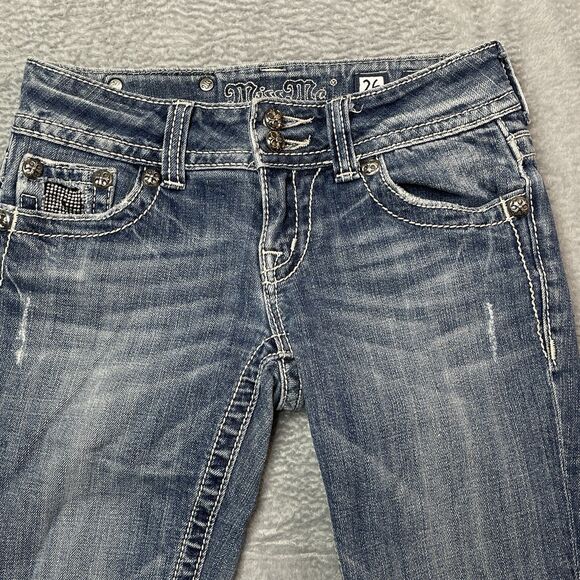 Miss Me Distressed Low Rise Western Bootcut Y2K Size 26 Rhinestone Cowboy - Picture 4 of 13